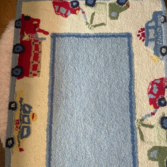 Vintage Pottery Barn Wool Carpet 3x5 59” x 36” Cars Firetruck Tow Truck Cab Blue - Picture 5 of 6